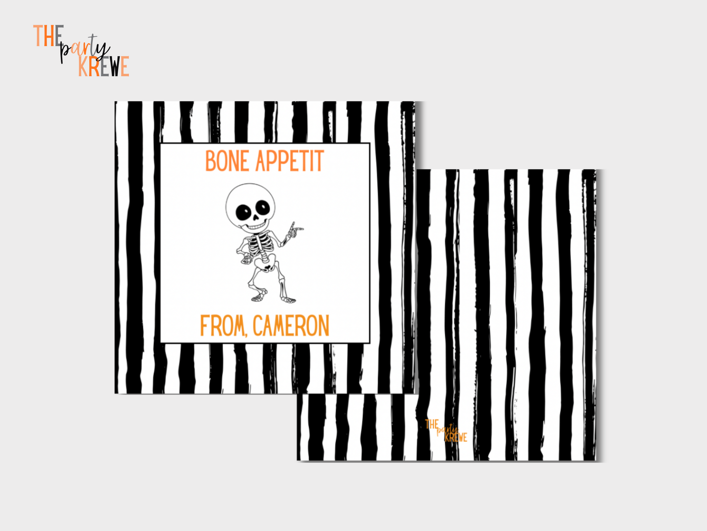 Halloween-themed place card with skeleton design and text on a black and white striped background.