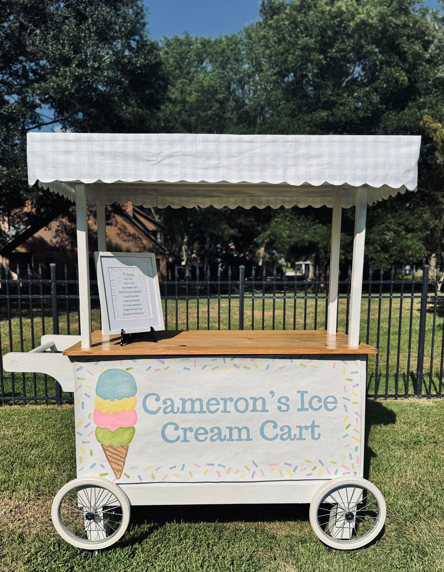 Ice cream cart with 'Cameron's Ice Cream Cart' sign on a grassy area