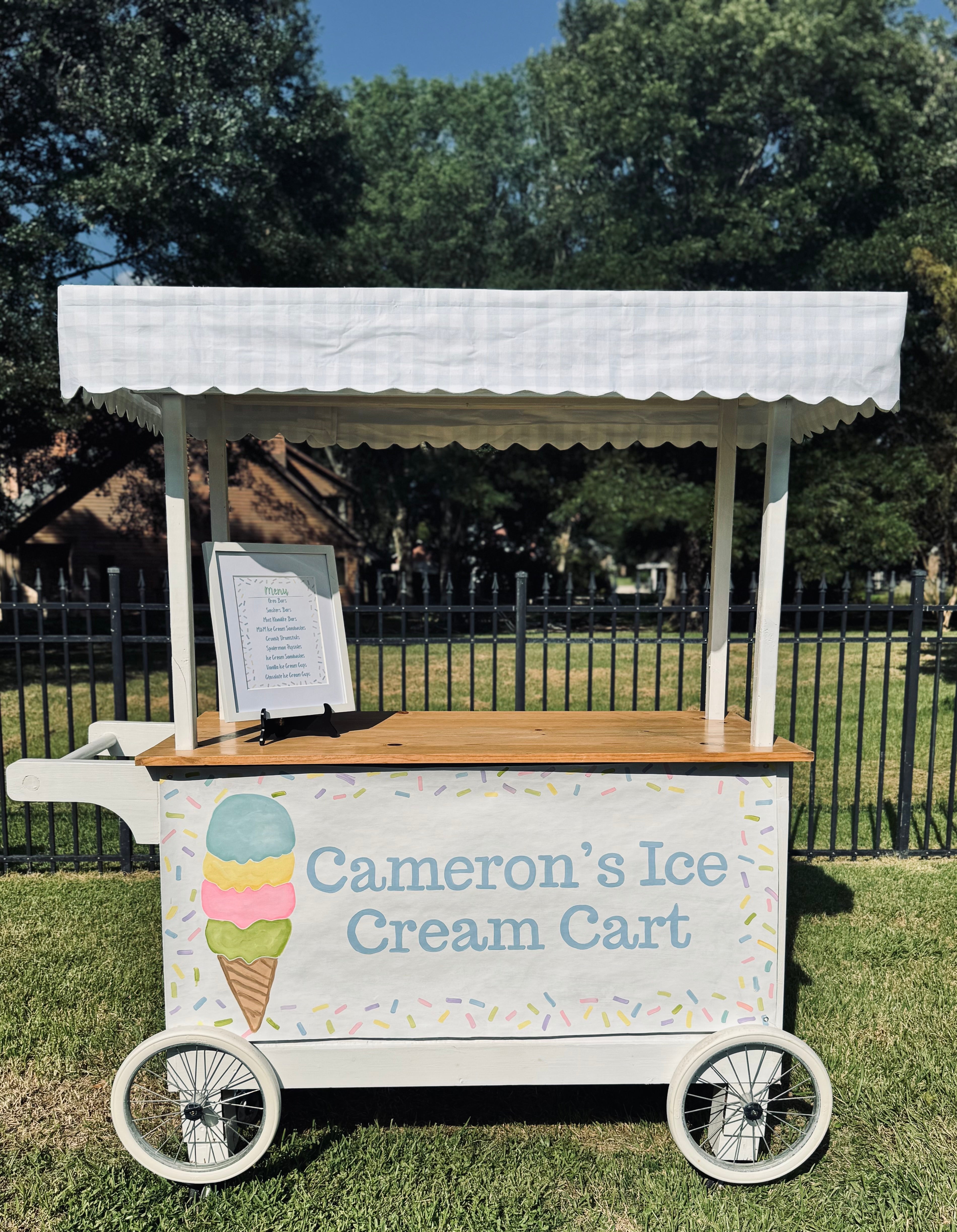 Ice cream cart with 'Cameron's Ice Cream Cart' sign on a grassy area